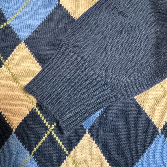 Y2K Vintage Argyle Cardigan NorthCrest L Blue Tan Cotton GUC Preppy Academia - Picture 7 of 8
